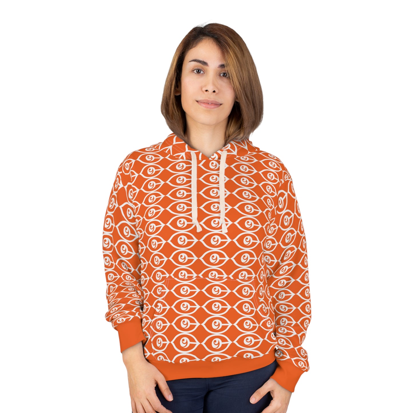 All-Over-CyVision Eye Pattern Hoodie — Orange Spiritual Graphic Pullover