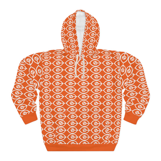 All-Over-CyVision Eye Pattern Hoodie — Orange Spiritual Graphic Pullover