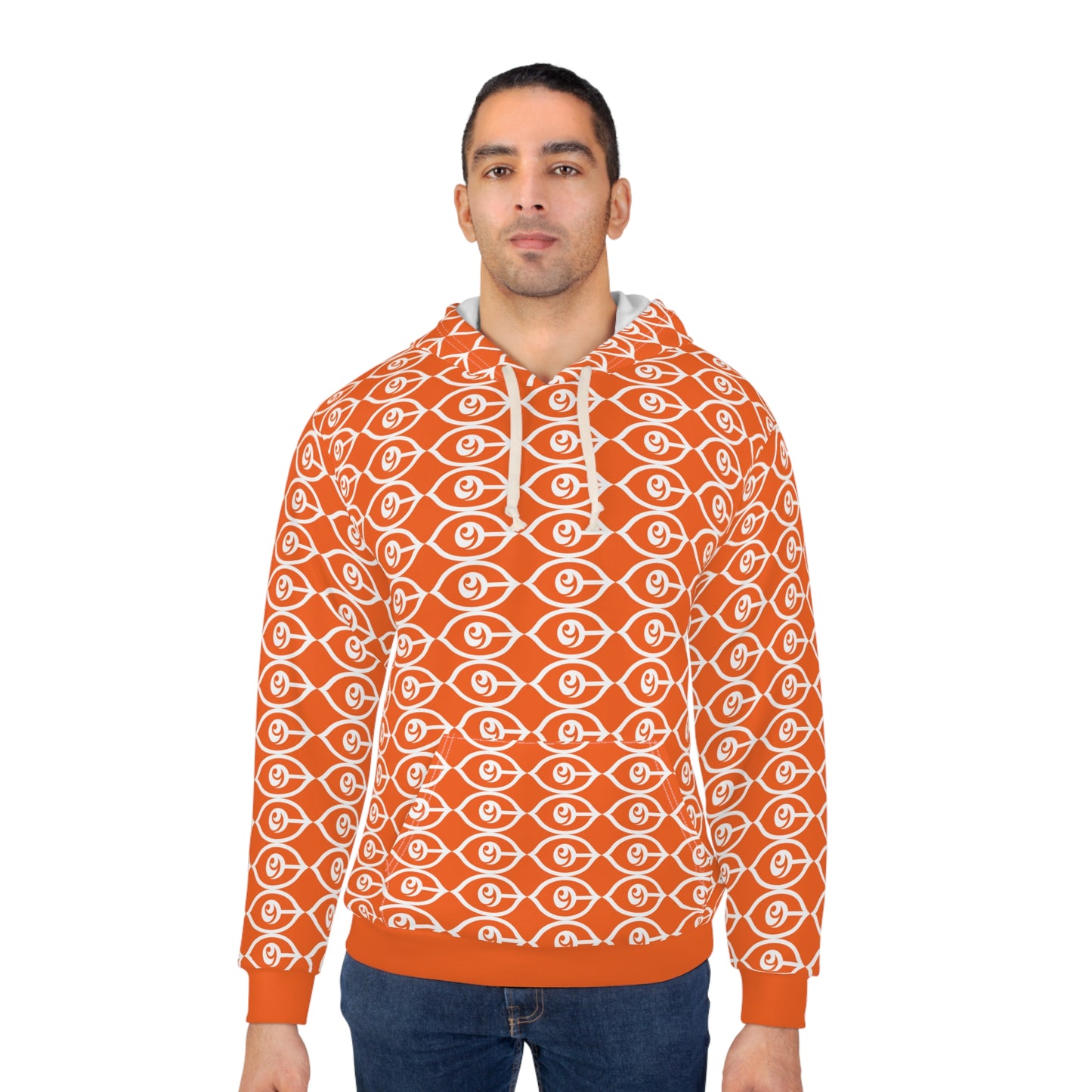 All-Over-CyVision Eye Pattern Hoodie — Orange Spiritual Graphic Pullover
